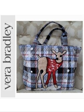 VERA BRADLEY MERRY MISCHIEF SNOW DAY TOTE QUILTED PLAID DEER SHOULDER BAG